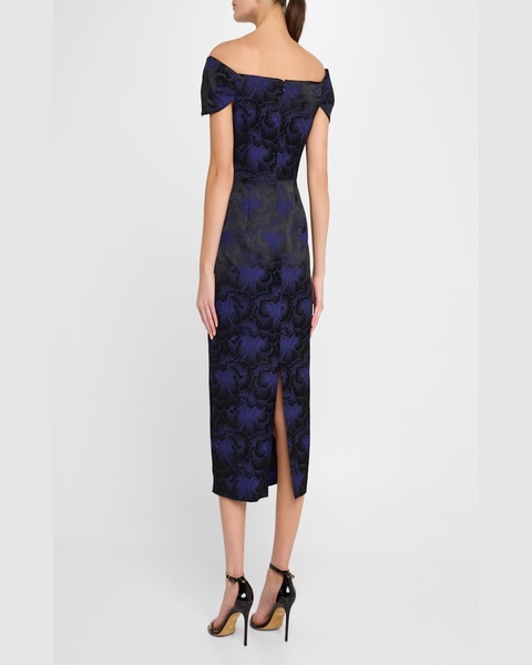 Off-Shoulder Floral Jacquard Midi Dress