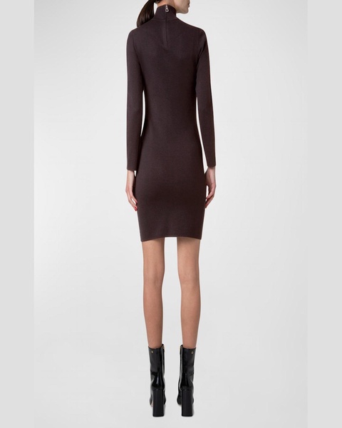 Mock-Neck Slits Long-Sleeve Knit Mini Dress