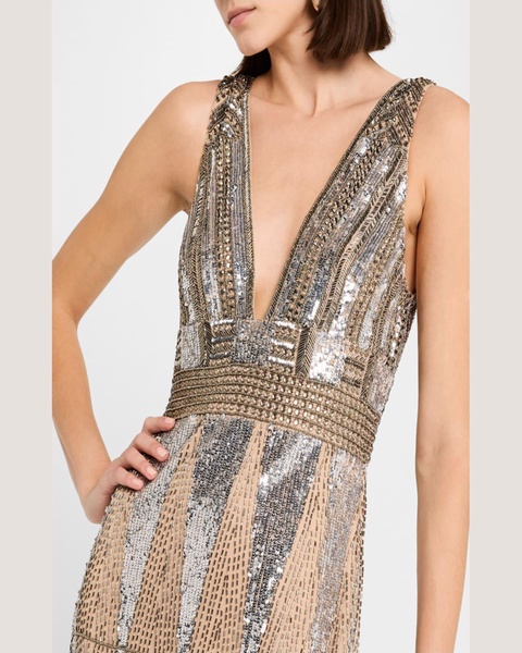 Beaded Deep V-Neck Column Gown