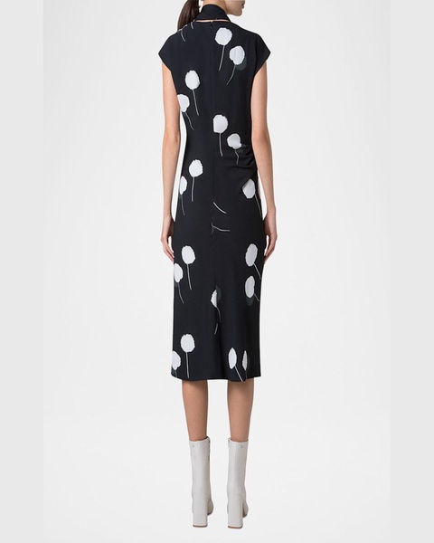 Windflower-Print Cap-Sleeve Crepe Midi Dress With Detachable Bow