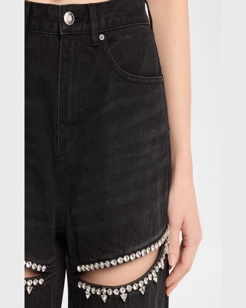 Crystal Cutout Slit Straight Leg Jeans