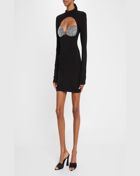 Crystal Bustier Cutout Long-Sleeve Mini Dress