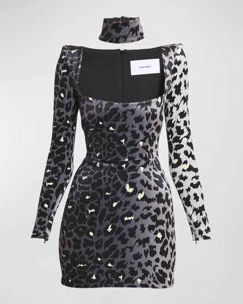 Printed Velvet Mini Dress with Neck Cuff