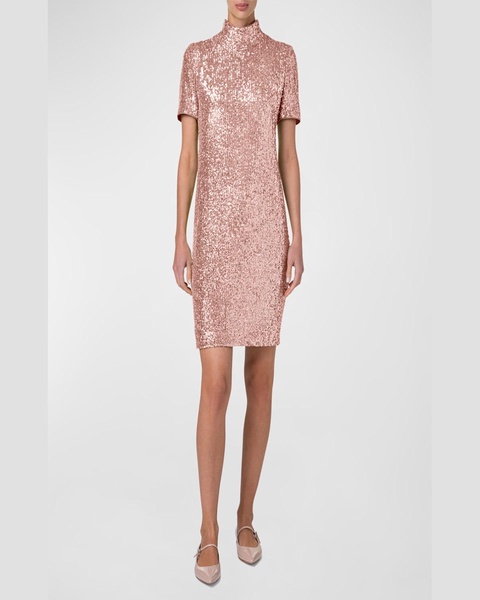 Sequined Mock-Neck Short-Sleeve Mini Dress