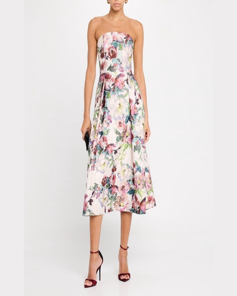 Strapless Floral Jacquard Midi Dress