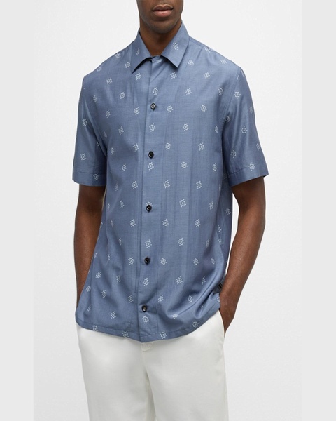 Men's Cotton-Silk Geometric-Print Camp Shirt