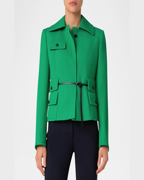 Belted Wool Tricotine Fitted Jacket