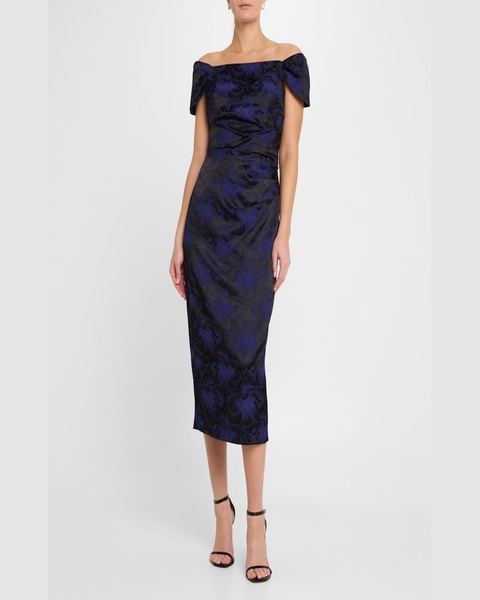Off-Shoulder Floral Jacquard Midi Dress