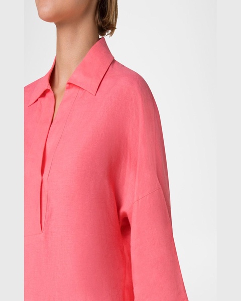 Kimono-Sleeve Linen Collared Blouse