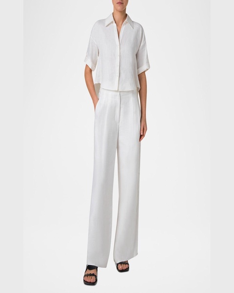 Short-Sleeve High-Low Button-Down Blouse