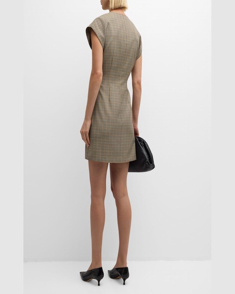 Cap-Sleeve Plaid Houndstooth Mini Dress