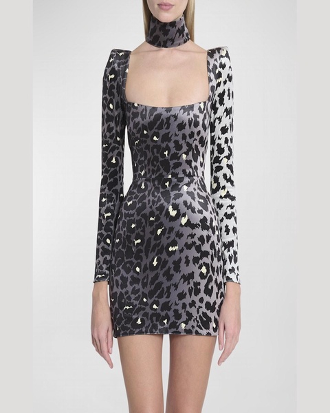 Printed Velvet Mini Dress with Neck Cuff
