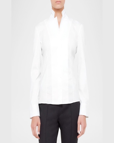 Long-Sleeve Notched-Collar Poplin Blouse