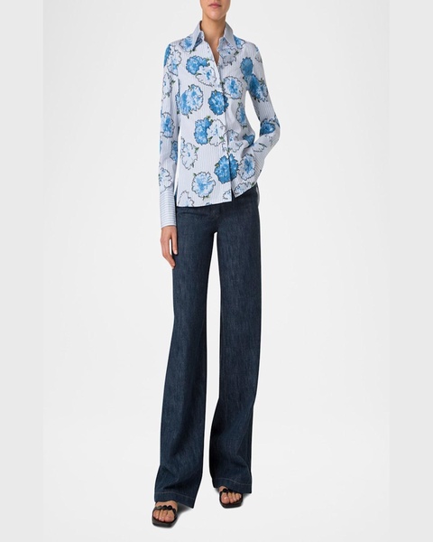 Carnation-Print Striped Cotton Poplin Button-Down Blouse