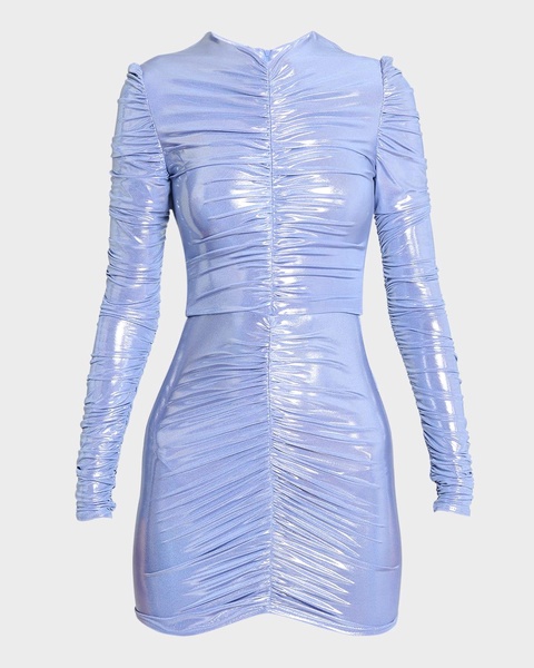 Ruched Metallic Jersey Long-Sleeve Mini Dress