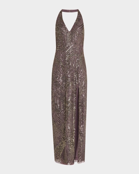 Beaded Side-Slit Halter Gown