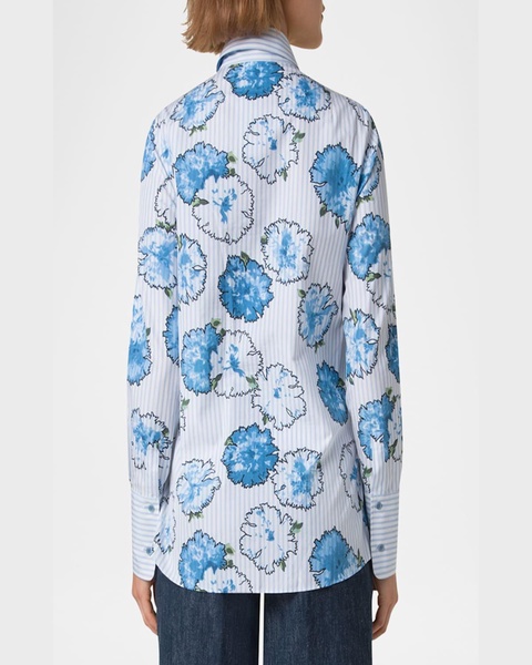 Carnation-Print Striped Cotton Poplin Button-Down Blouse
