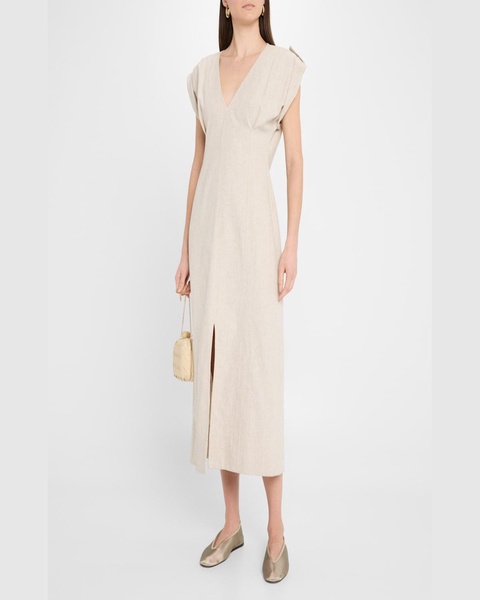 Cap-Sleeve Flax Linen Maxi Dress