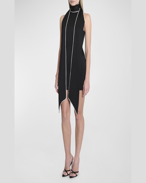 Crystal Trimmed Scarf Mini Satin Dress