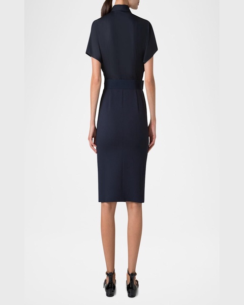 Mixed-Media Belted Cap-Sleeve Shirtdress