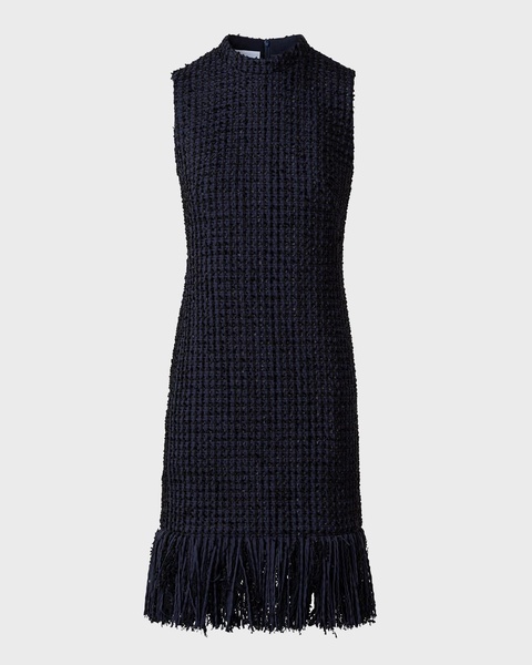 Chunky Tweed Sheath Dress with Fringed Hem