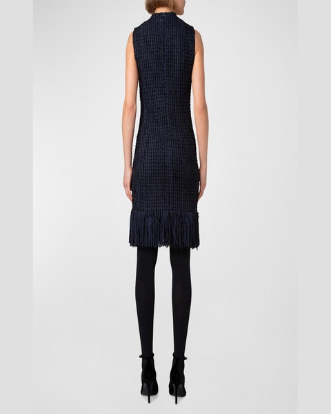 Chunky Tweed Sheath Dress with Fringed Hem