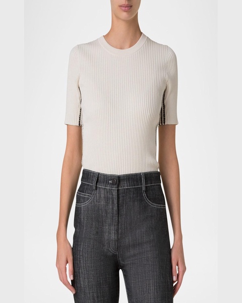 Crochet Stripe Rib Knit Short Sleeve Sweater