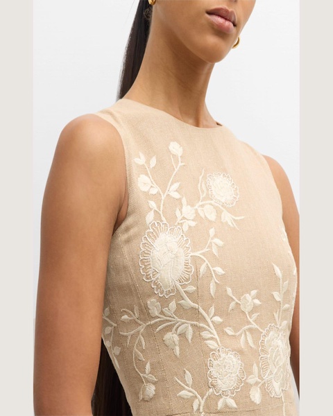 Eloise Floral Vine Embroidered Cotton Burlap Maxi Dress