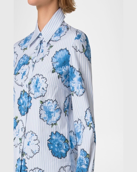 Carnation-Print Striped Cotton Poplin Button-Down Blouse
