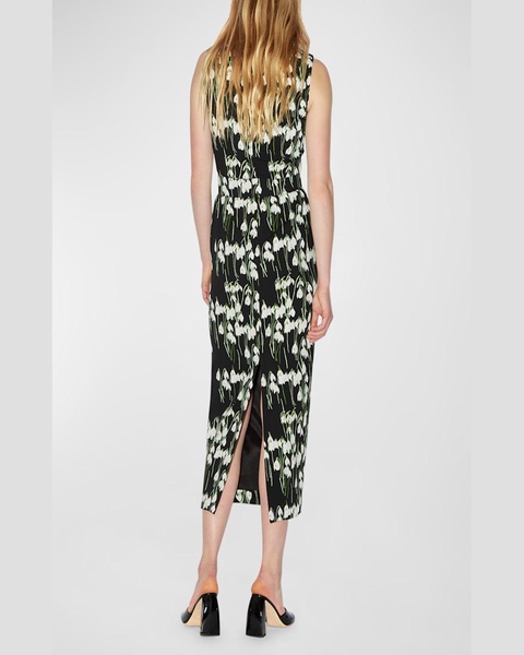 Flower-Print Boat-Neck Belted Midi Dress