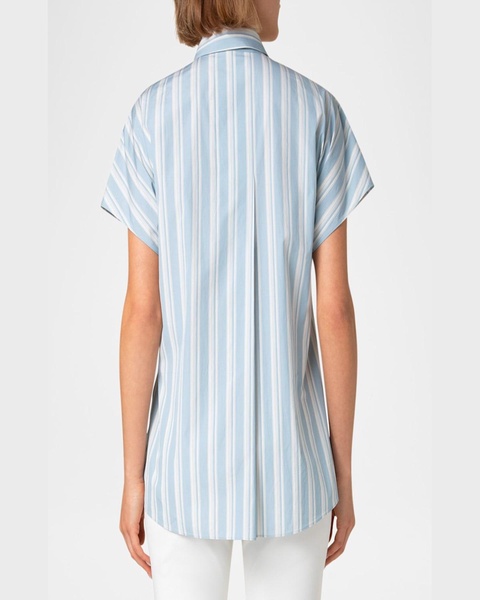 Striped Poplin Short-Sleeve Button-Shoulder Blouse