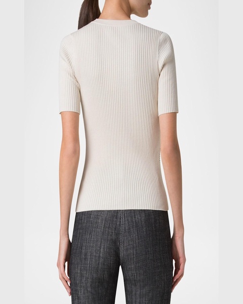 Crochet Stripe Rib Knit Short Sleeve Sweater