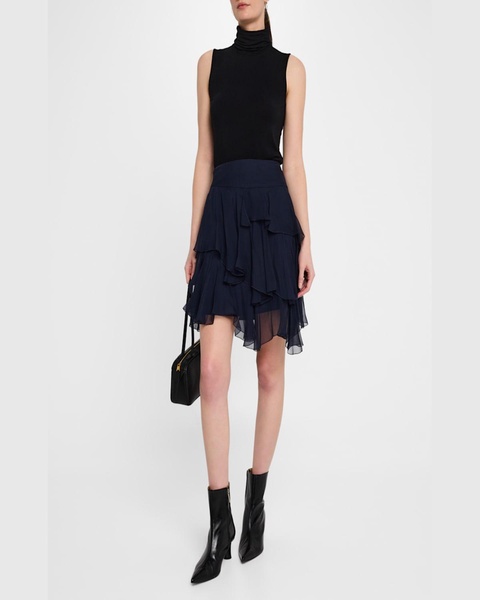 Asymmetric Tiered Silk Ruffle Mini Skirt