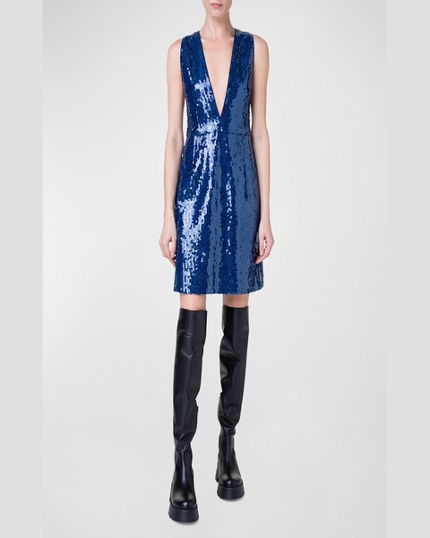 V-Neck Short Dress with Liquid Paillette Detail