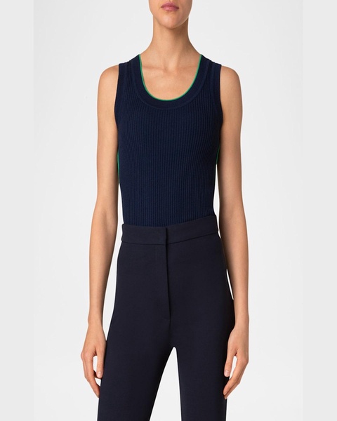 Ribbed Merino Wool Tank Top with Contrast Piping