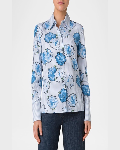 Carnation-Print Striped Cotton Poplin Button-Down Blouse