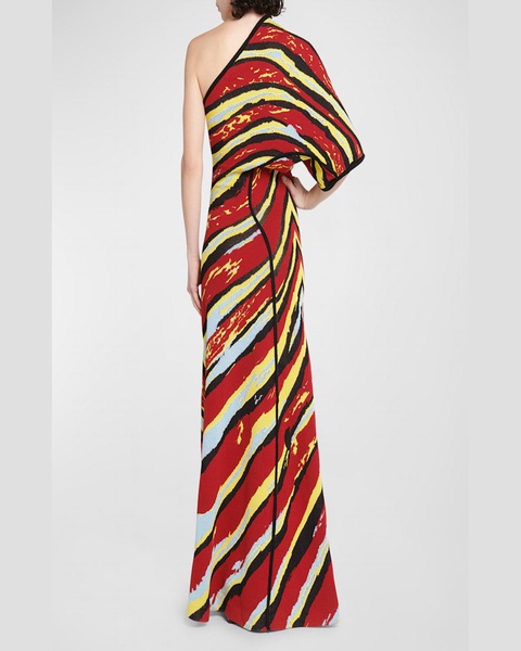 One-Shoulder Short-Sleeve Shells Jacquard Maxi Gown