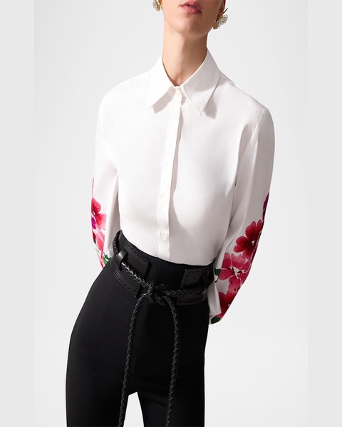 Floral-Embroidered Puff-Sleeve Button-Down Shirt