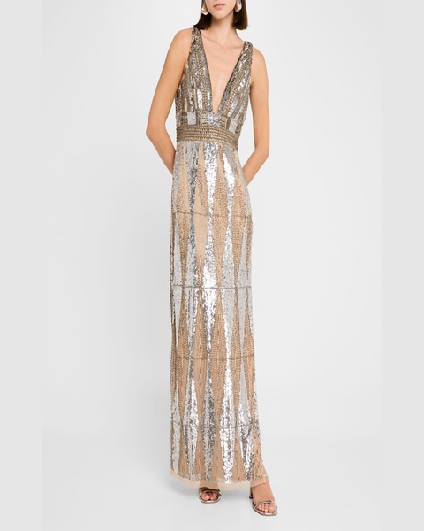 Beaded Deep V-Neck Column Gown