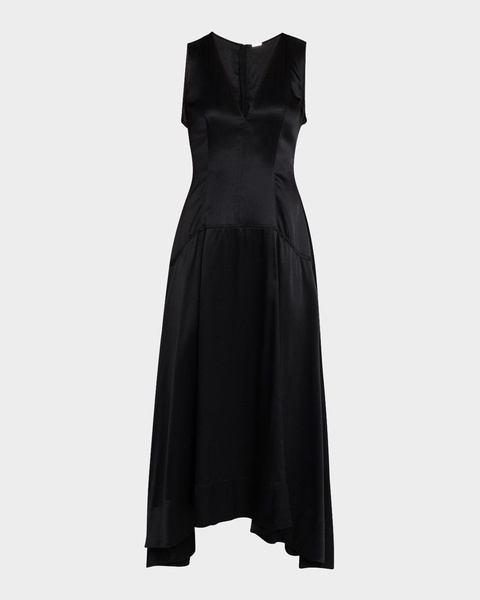 V-Neck Drop-Waist Silk Charmeuse Midi Dress
