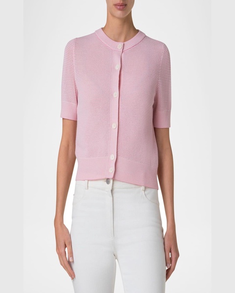 Mesh Short-Sleeve Merino Wool Cardigan