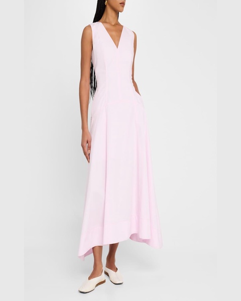 V-Neck Drop Waist Cotton Poplin Midi Dress