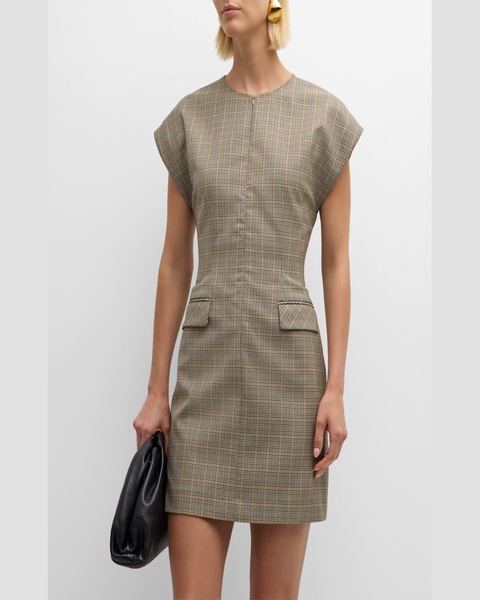 Cap-Sleeve Plaid Houndstooth Mini Dress