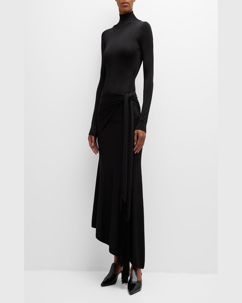 Turtleneck Scarf-Waist Knit Midi Dress