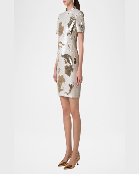 Mock-Neck Short-Sleeve Sequin Mini Dress