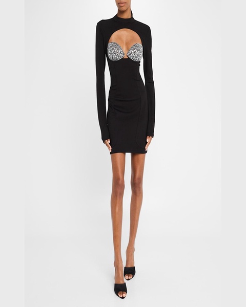 Crystal Bustier Cutout Long-Sleeve Mini Dress