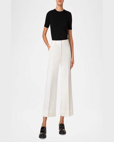 Contrast Piping Short-Sleeve Rib Sweater