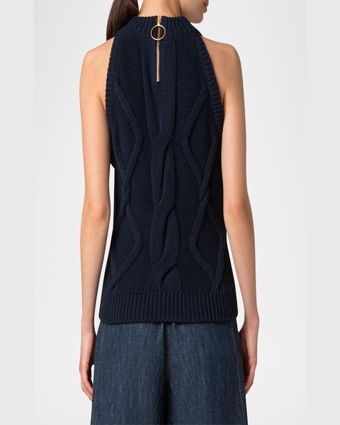 Mock-Neck Chunky Cotton Cable-Knit Tank Top