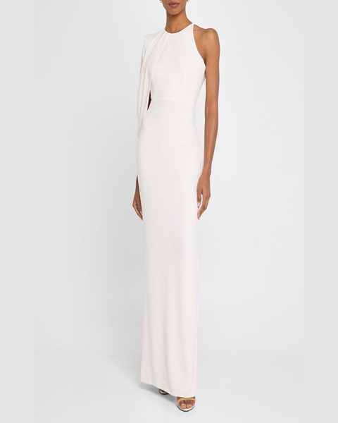Asymmetric Cape-Sleeve Crepe Column Gown