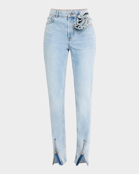 Flower Corsage Zip-Hem Skinny-Leg Jeans